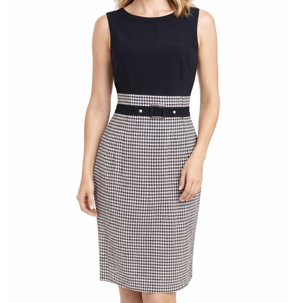 White House Black Market Checked Houndstooth Sheath Career Dress Belted 2 Office - Picture 1 of 16